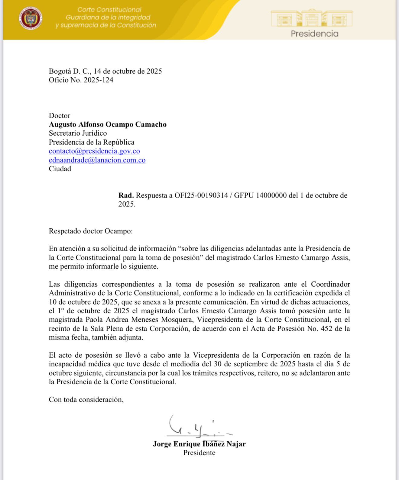 La carta del magistrado Jorge Enrique Ibáñez a Augusto Ocampo, secretario jurídico de la Presidencia.