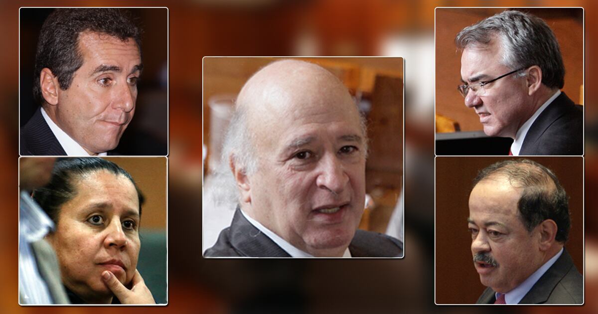 En la columna de la izquierda, de arriba abajo: Bernardo Moreno y María del Pilar Hurtado. En la derecha, Diego Palacio y Alberto Velásquez. En el centro: Sabas Pretelt de la Vega.