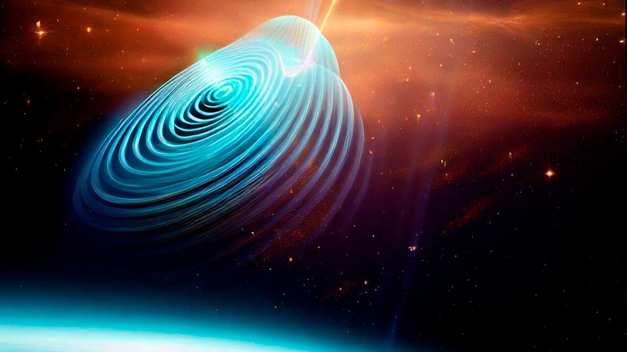 Ilustración de un objeto espacial emitiendo ondas de radio a una gran distancia.