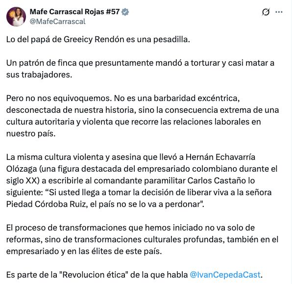 La publicación en X de la representante María Fernanda Carrascal.