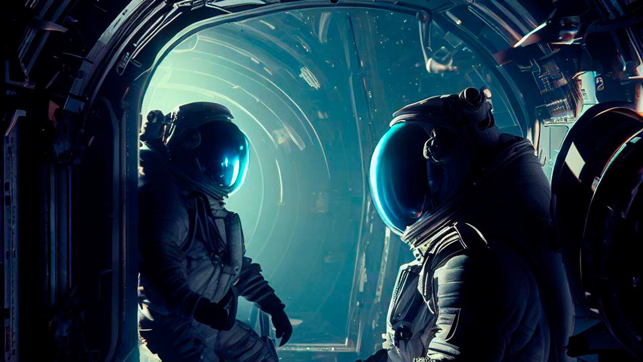 Ilustración creada con inteligencia artificial de astronautas al interior de una nave mientras viajan por el espacio.