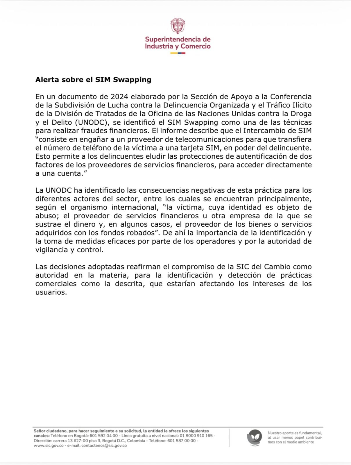 Comunicado Superintendencia de Industria y Comercio