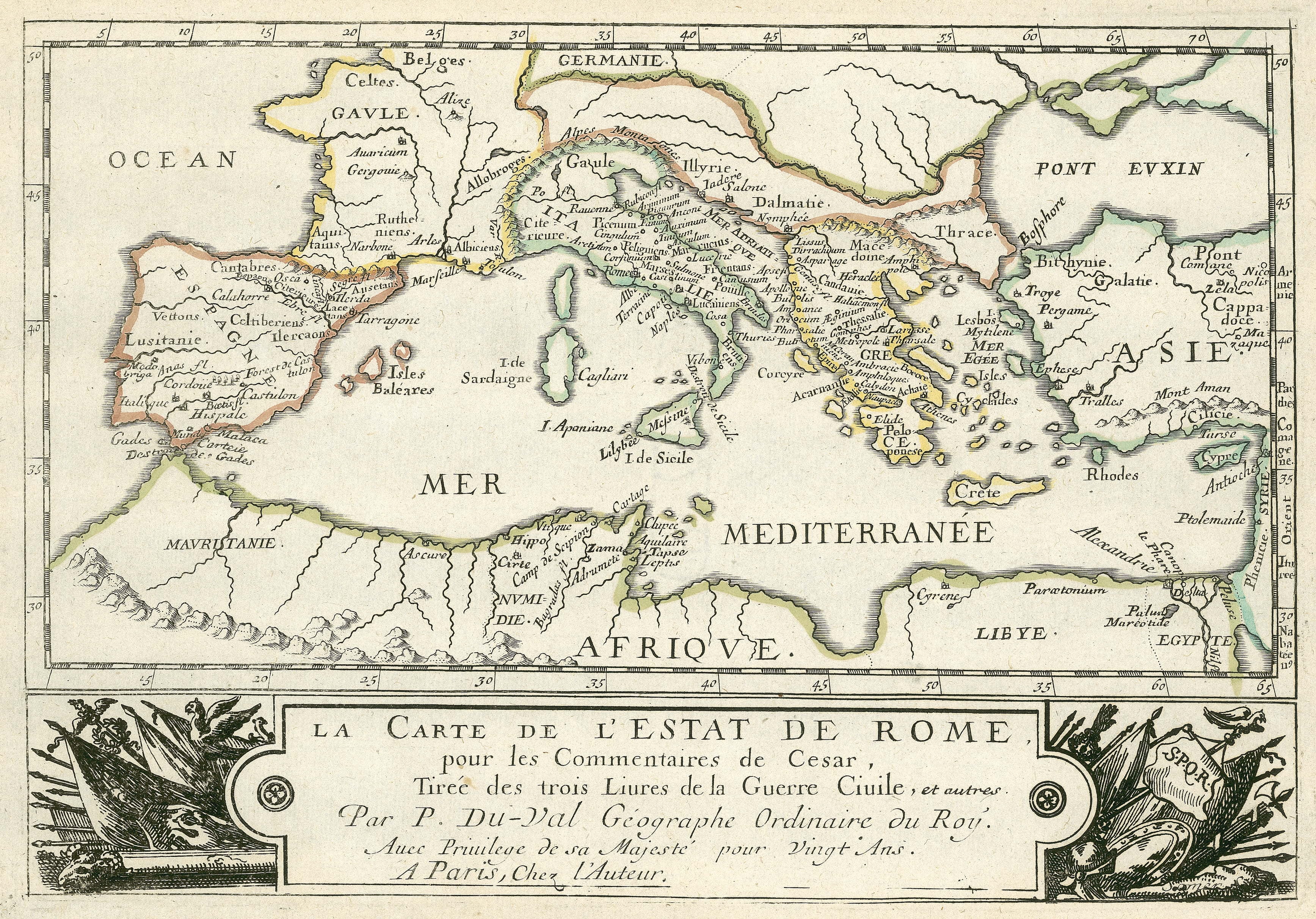 Mapa del Imperio romano de Julio César (100/101-44 a. C.), para sus "Comentarios". (Foto de Roger Viollet Collection/Getty Images)