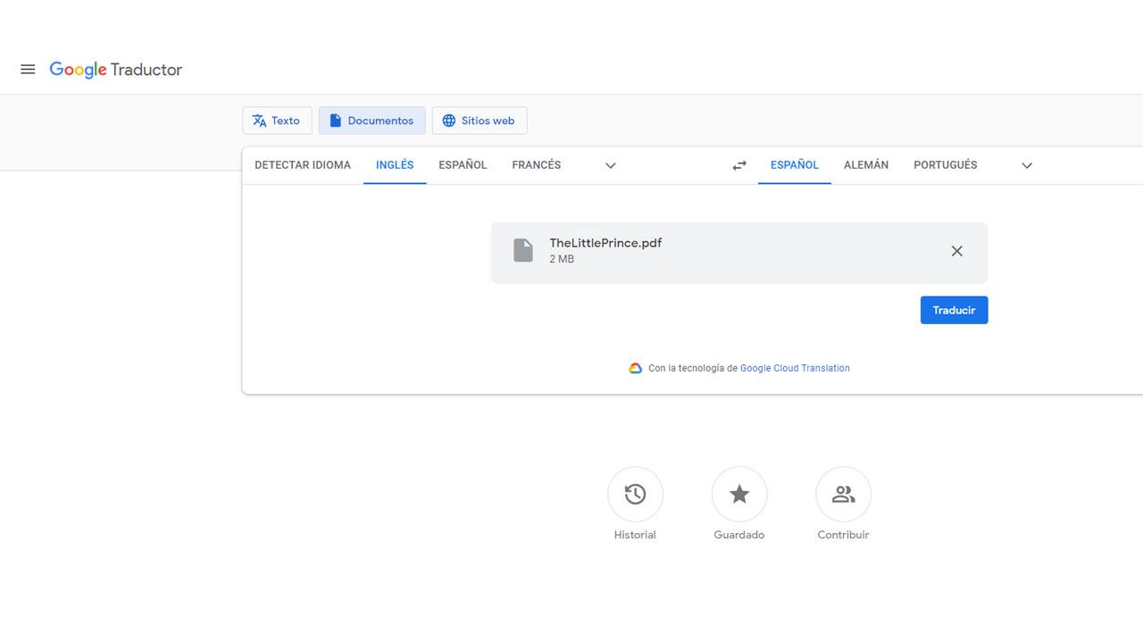 Google Traductor permite traducir el texto de un documento en formato PDF.
