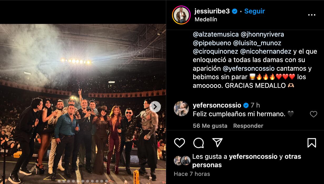 Yeferson Cossio le dio las gracias a Jessi Uribe por tocar junto a él en el concierto de su cumpleaños.