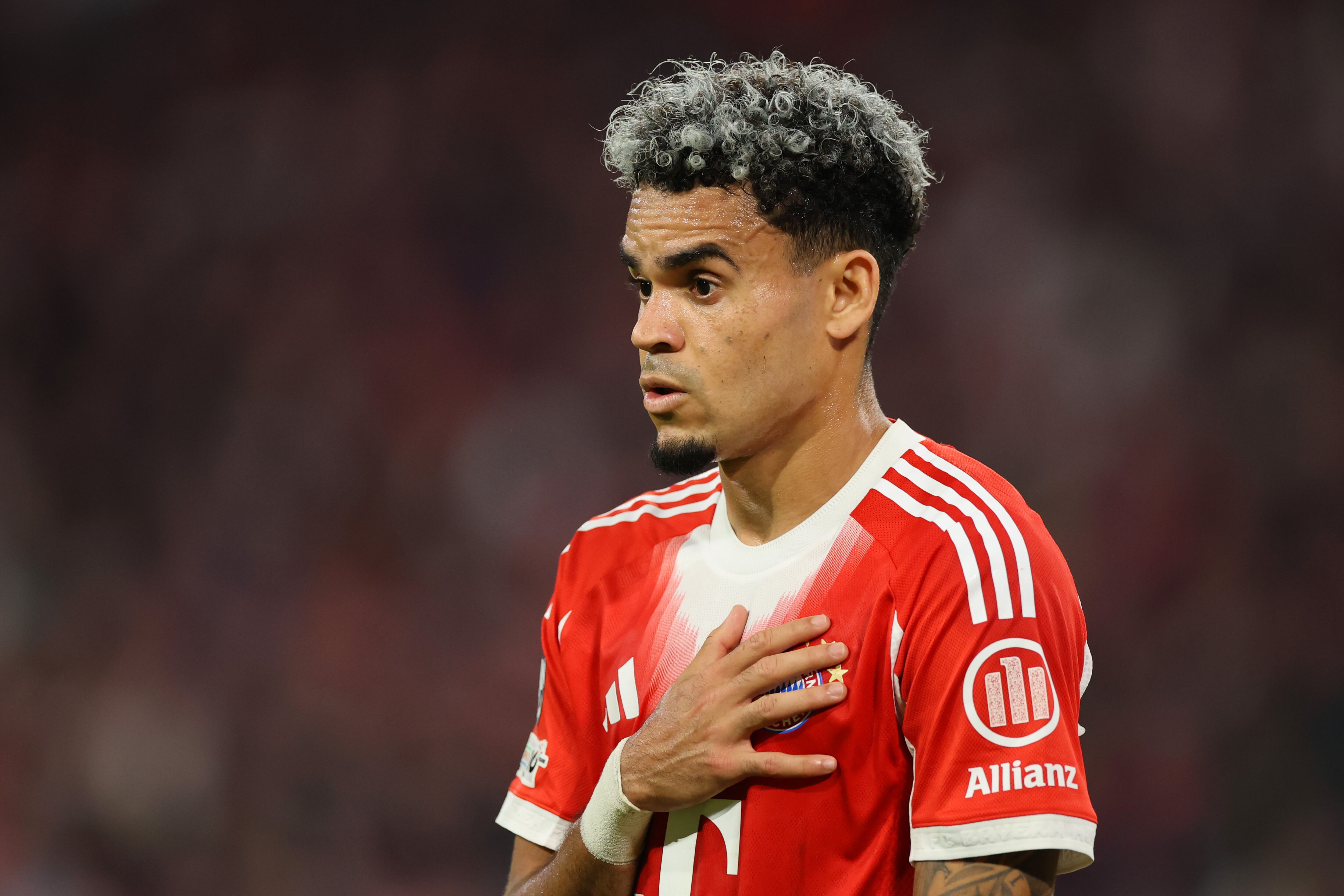 MUNICH, GERMANY - SEPTEMBER 17: Luis Diaz of Bayern Muenchen reacts during the UEFA Champions League 2025/26 League Phase MD1 match between FC Bayern München and Chelsea FC at Football Arena Munich on September 17, 2025 in Munich, Germany. (Photo by Alex Grimm/Getty Images)