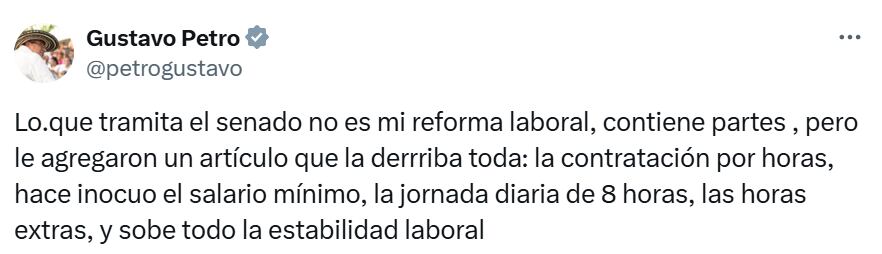El presidente Gustavo Petro reaccionó frente a la reforma laboral.