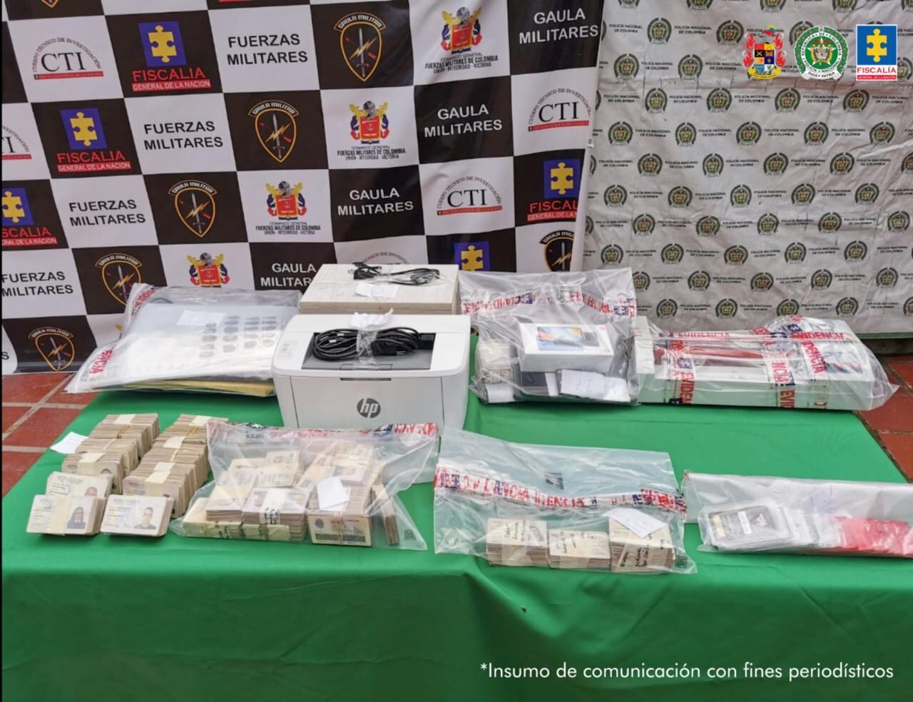 Nueve personas capturadas y se incautaron de 2.500 cédulas, 964 tarjetas sim, 314 tarjetas de crédito y débito, celulares, líquido látex para fabricar huellas.