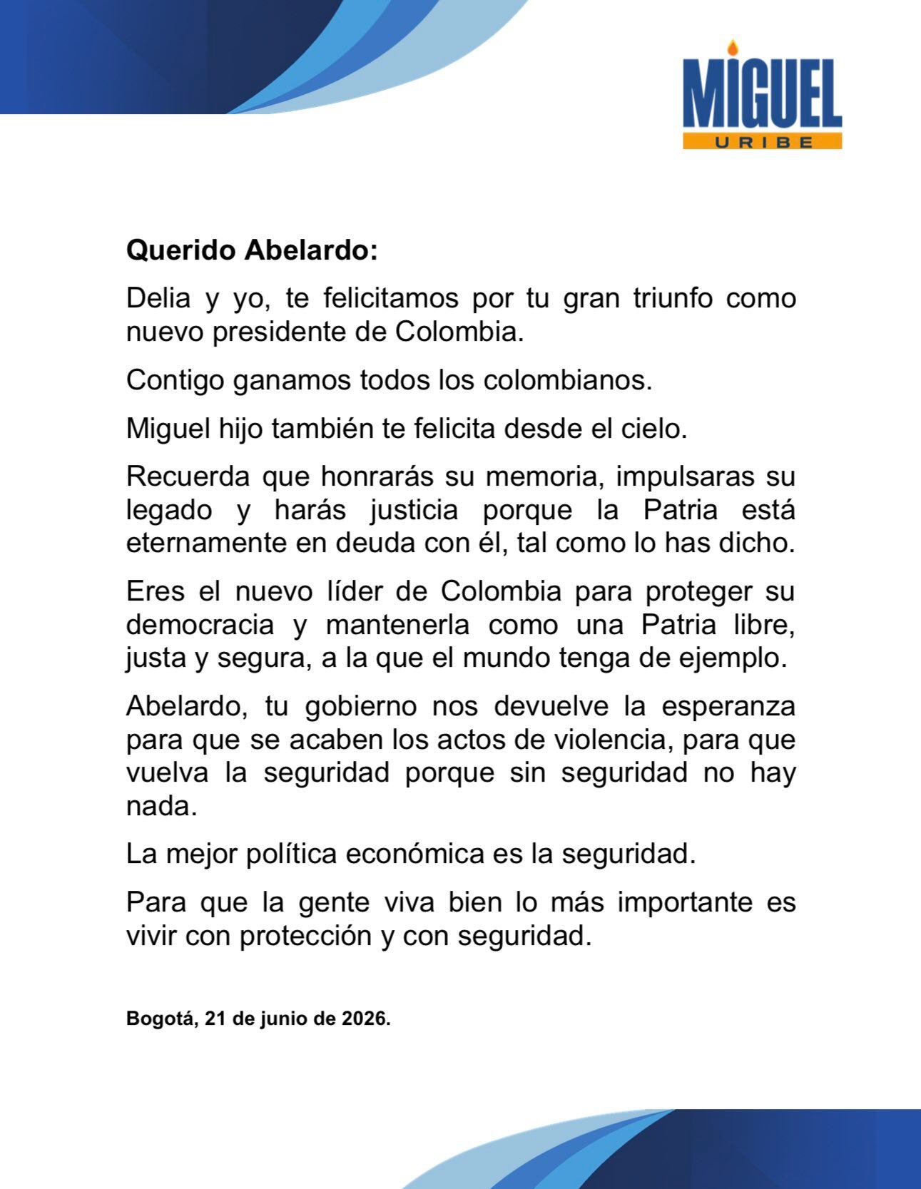En la carta, la familia aseguró que el fallecido senador “felicita desde el cielo” al mandatario electo.