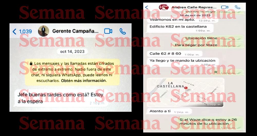 Los dos chats se produjeron el 14 de octubre de 2023, el día que, supuestamente, fueron entregados los 1.000 millones de pesos a Andrés Calle en su apartamento, en Montería.