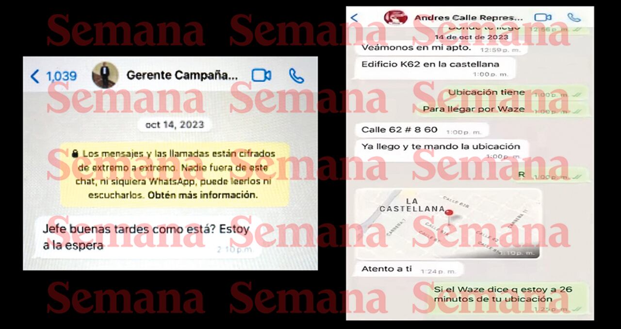 Los dos chats se produjeron el 14 de octubre de 2023, el día que, supuestamente, fueron entregados los 1.000 millones de pesos a Andrés Calle en su apartamento, en Montería.