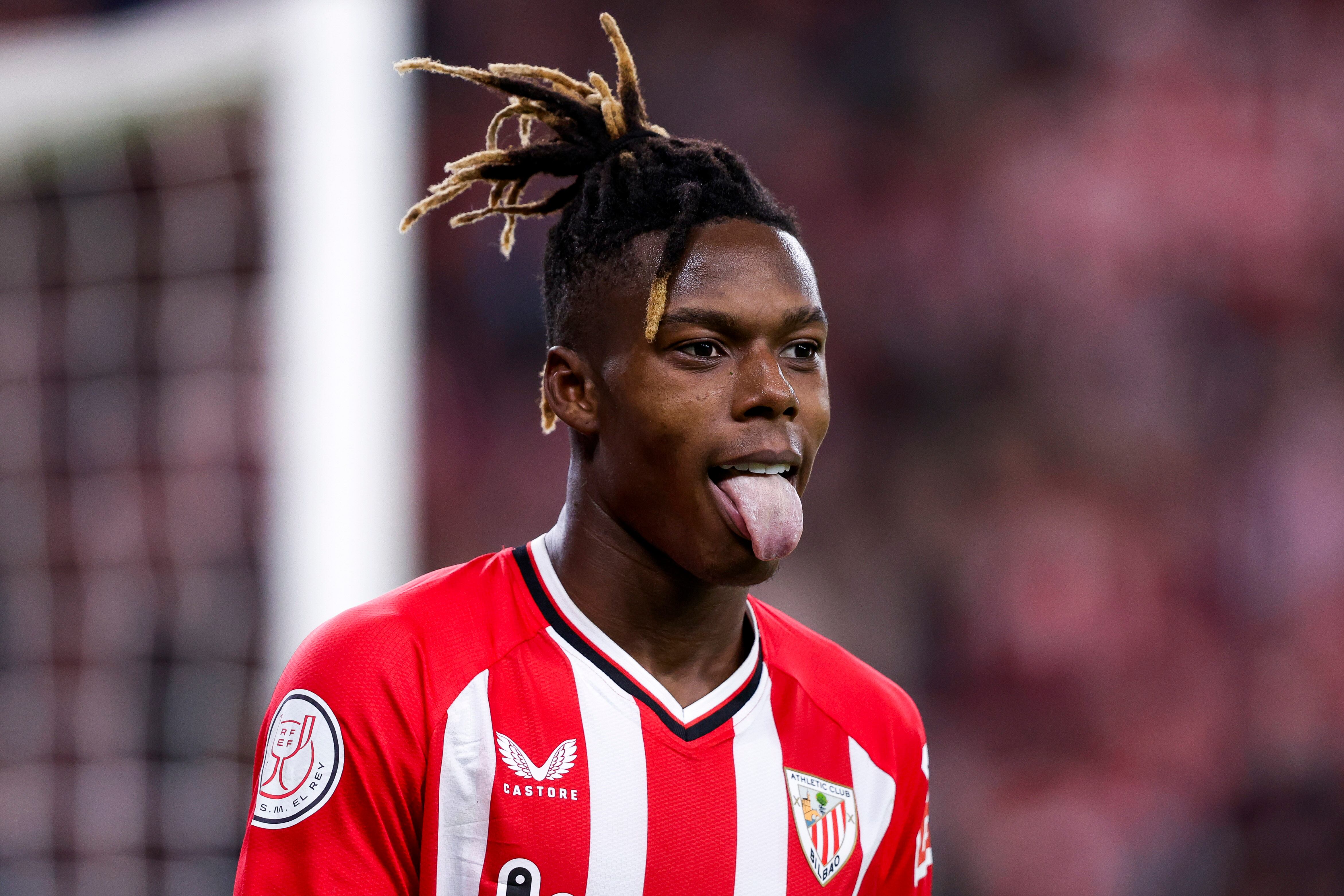 BILBAO, SPAIN - JANUARY 24: Nico Williams of Athletic Bilbao during the Spanish Copa del Rey  match between Athletic de Bilbao v FC Barcelona at the San Mames Stadium on January 24, 2024 in Bilbao Spain (Photo by David S. Bustamante/Soccrates/Getty Images)