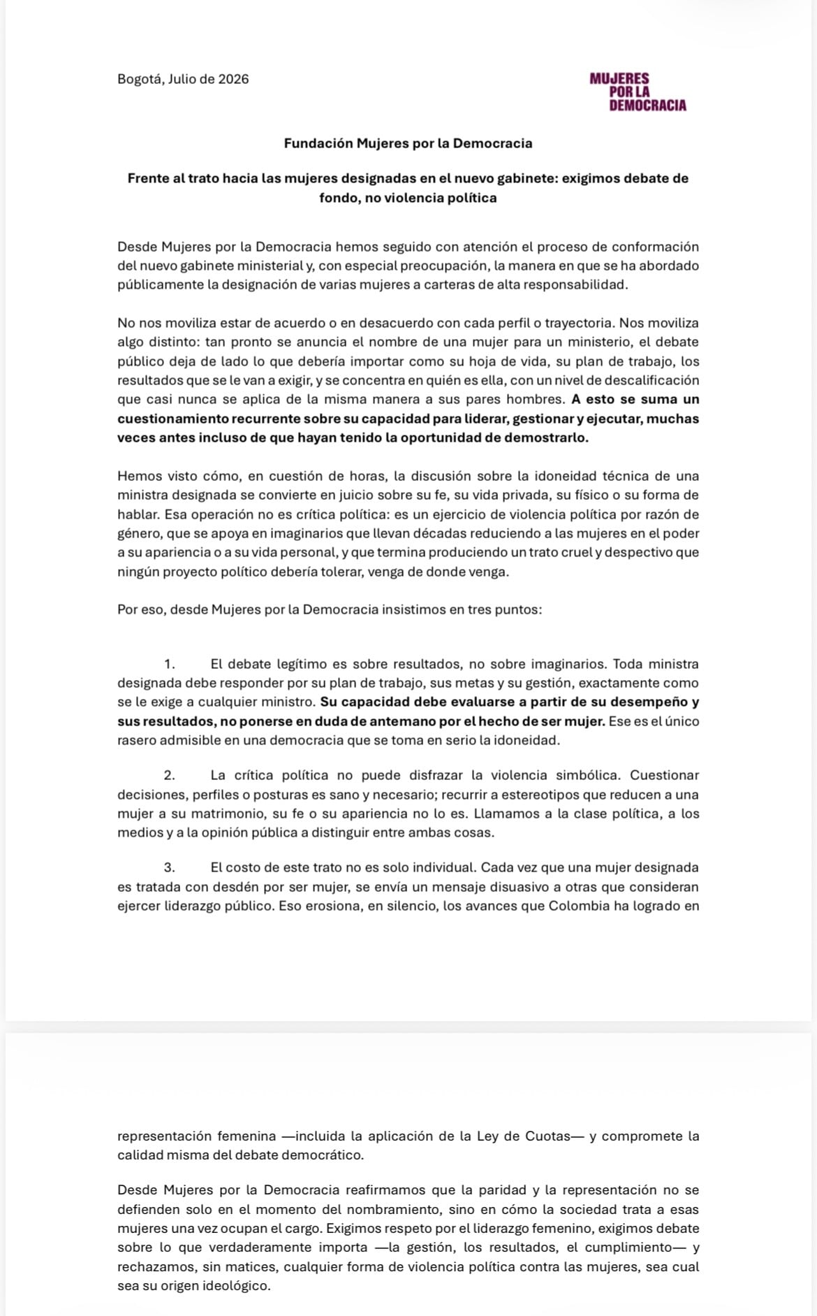 Comunicado Mujeres por la Democracia.