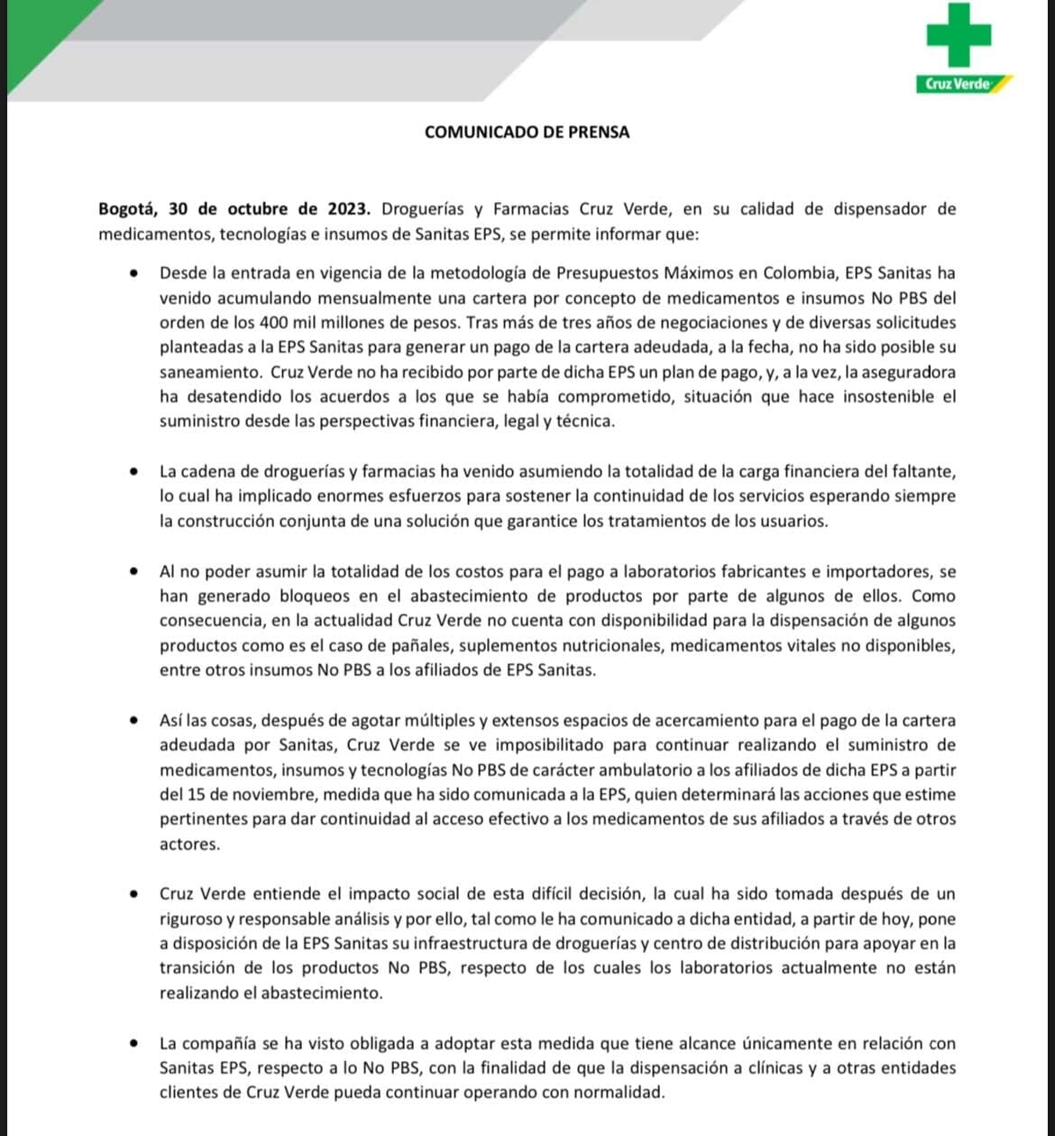 Comunicado de Cruz Verde sobre situación de Sanitas.