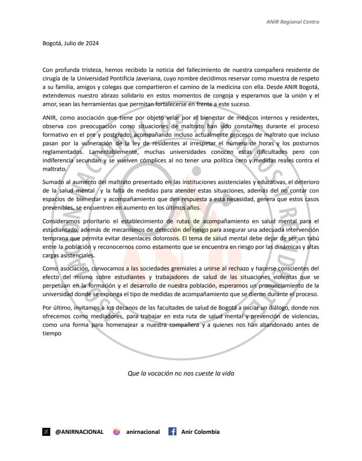 Comunicado de la Anir sobre maltrato a residentes y la muerte de Catalina Gutiérrez.