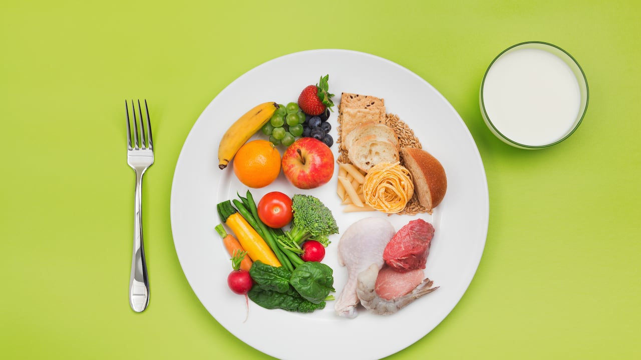 The USDA “ChooseMyPlate” basic food group for healthy diet, with a plate of food choices including grains, protein, vegetables, fruits and dairy. This plate pie chart concept replaces the former food pyramid recommendaton for guidance on the amount of milk, bread, pasta, chicken and other foods advised for balanced meals.