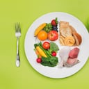 The USDA “ChooseMyPlate” basic food group for healthy diet, with a plate of food choices including grains, protein, vegetables, fruits and dairy. This plate pie chart concept replaces the former food pyramid recommendaton for guidance on the amount of milk, bread, pasta, chicken and other foods advised for balanced meals.