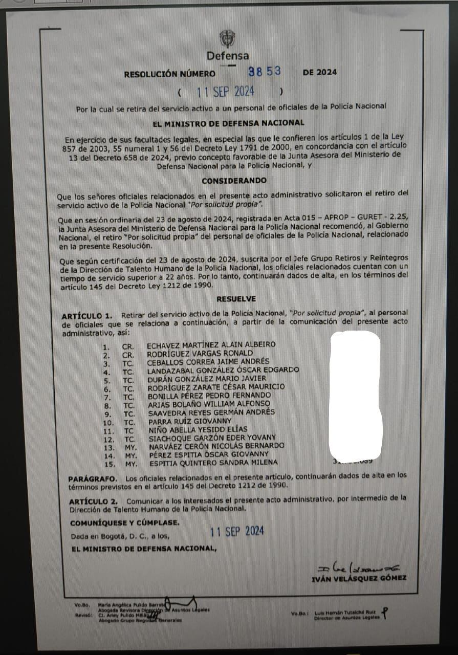 Resolución que oficializa la salida de coroneles y mayores de la Policía.