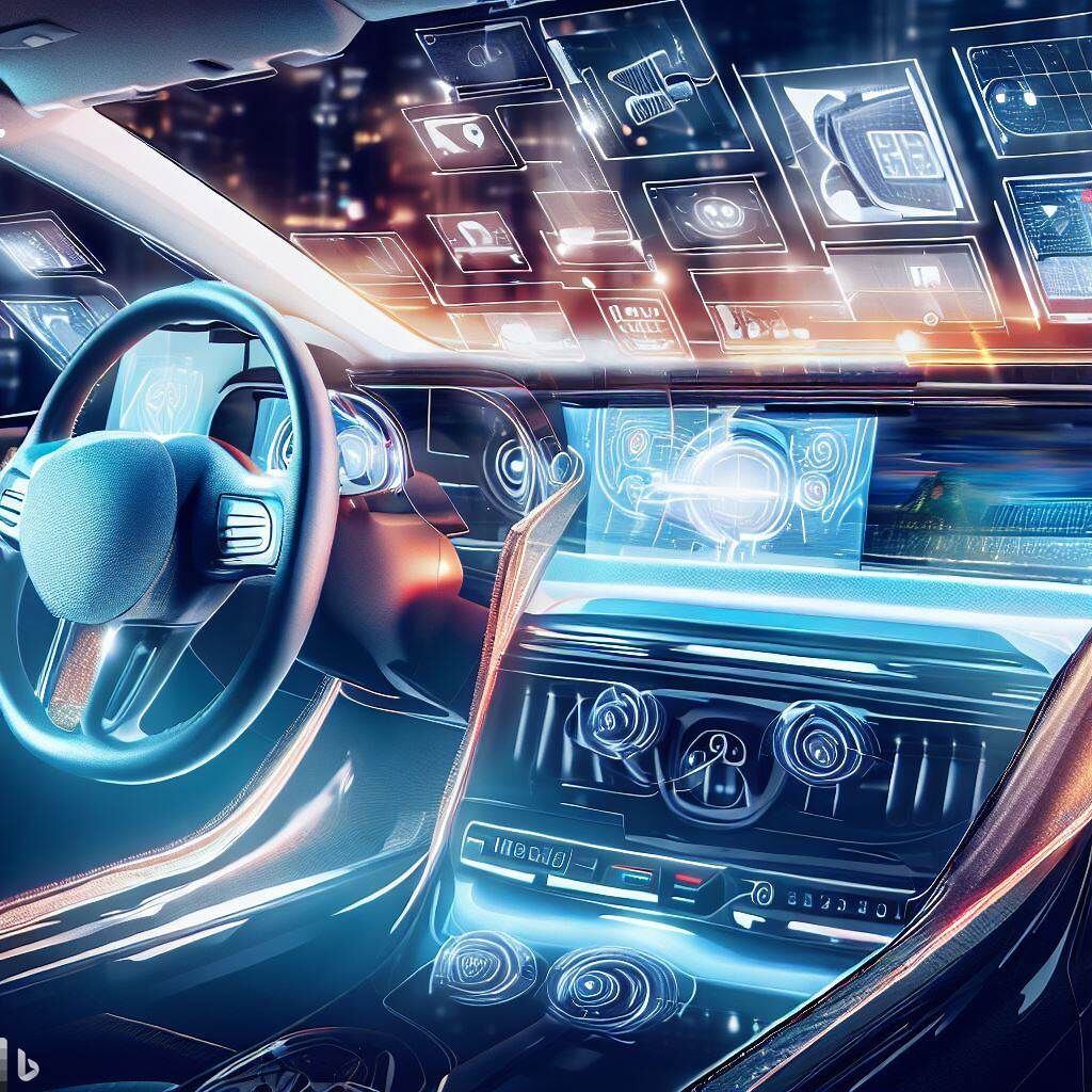 Carro del futuro con pantallas interactivas, sistemas de entretenimiento avanzados y asistentes virtuales inteligentes.