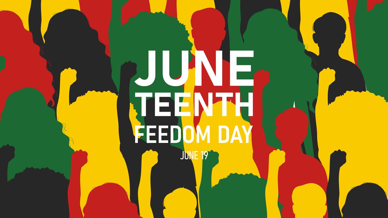 Bandera del día de Juneteenth con personas abstractas levantando el puño hacia arriba