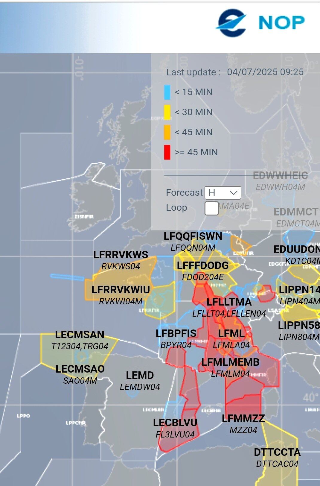 Imagen del portal de Operaciones de Eurocontrol: las regulaciones en espacio aéreo francés terminan sobrecargando el espacio aéreo español ya que las aerolíneas buscan rutas alternativas para evitar los sectores con mayor demora de Francia.