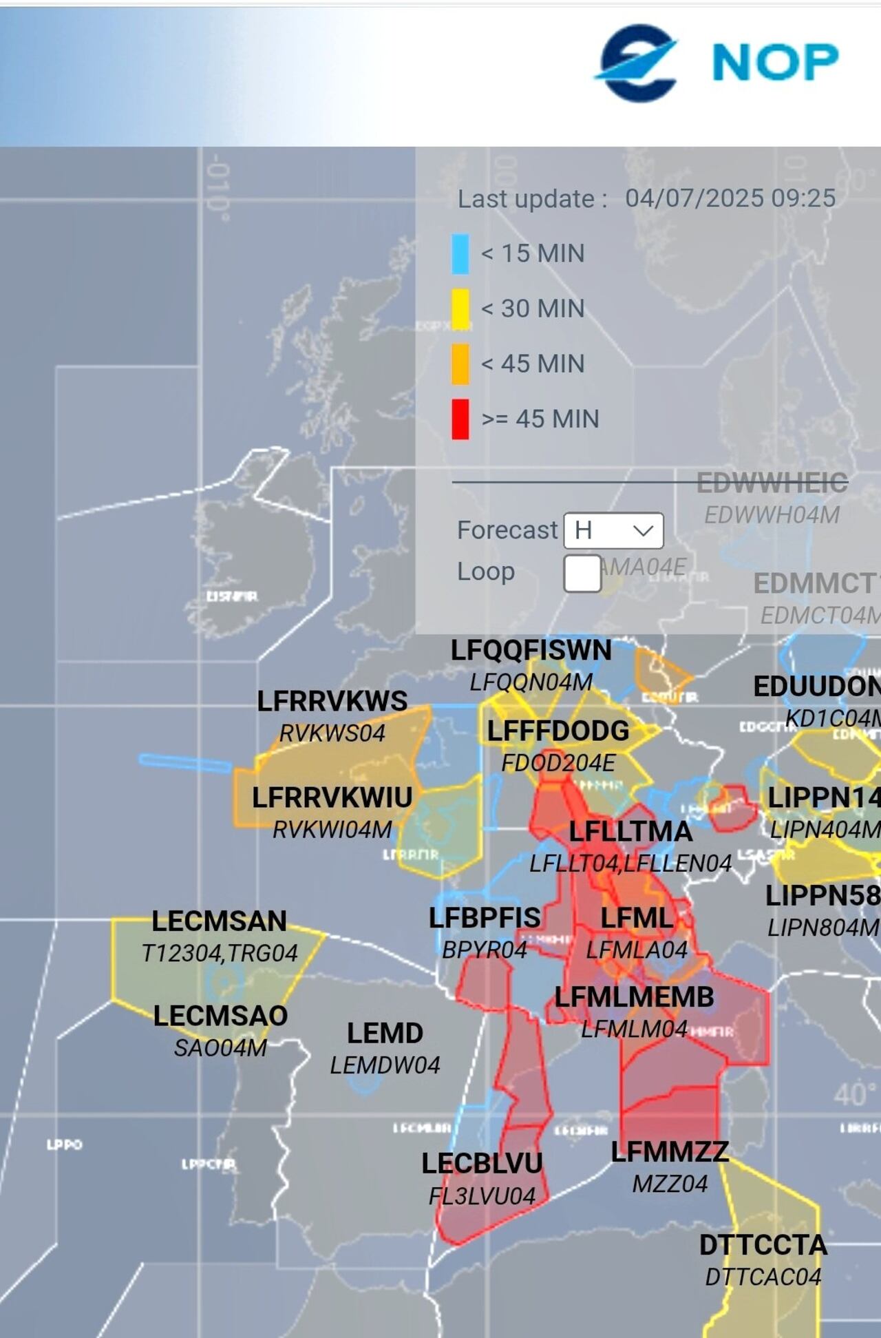 Imagen del portal de Operaciones de Eurocontrol: las regulaciones en espacio aéreo francés terminan sobrecargando el espacio aéreo español ya que las aerolíneas buscan rutas alternativas para evitar los sectores con mayor demora de Francia.