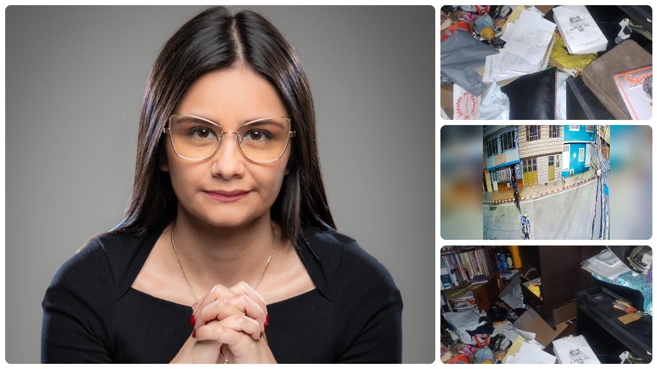 La gerente del Fondo Adaptación, Angie Rodríguez, y las imágenes de la vivienda de sus padres cuando fue saqueada.