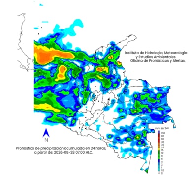 Mapa del clima en Colombia para el viernes 29 de agosto