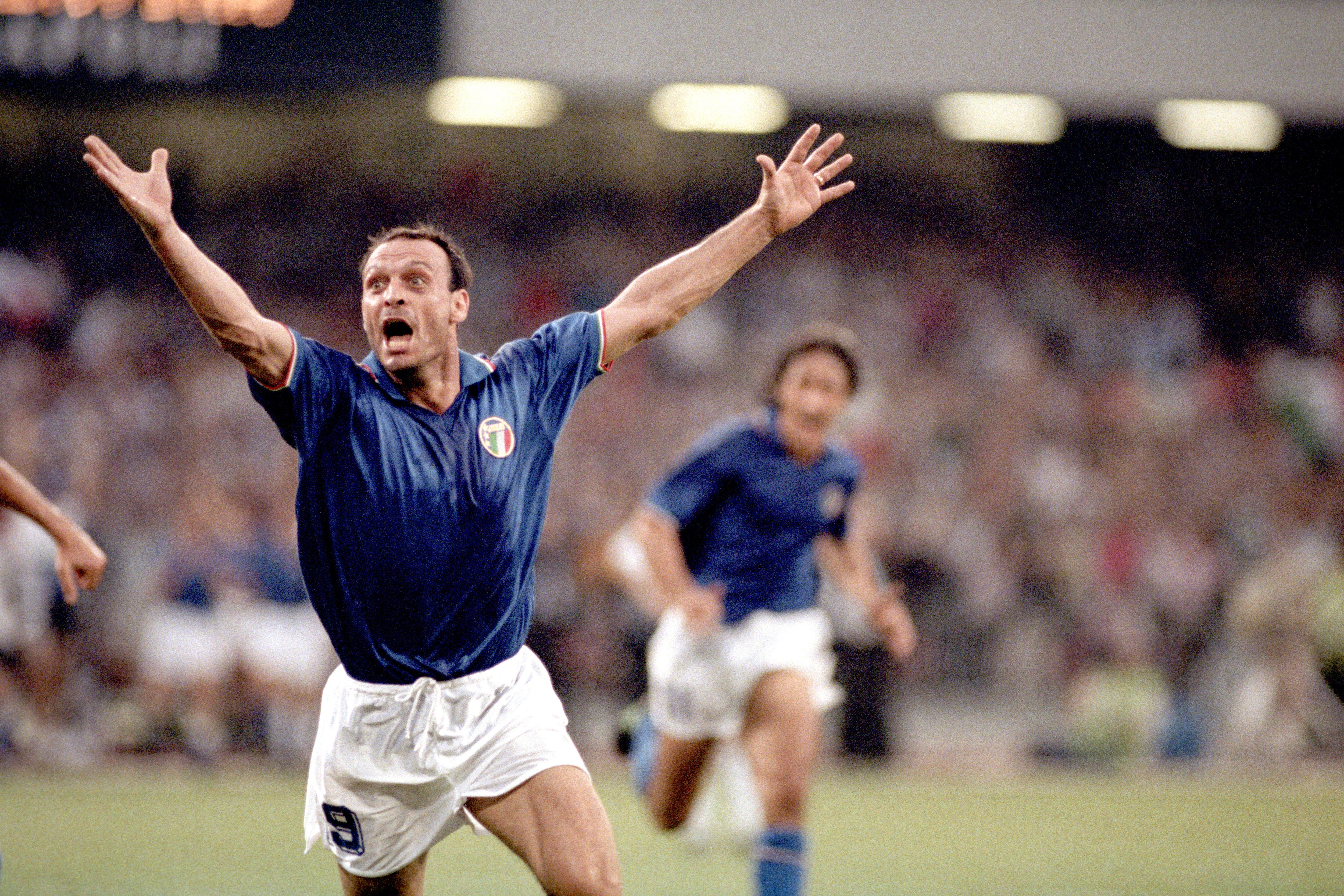 ITALY'S SALVATORE SCHILLACI CELEBRATES SCORING A GOAL AGAINST ARGENTINA  (Photo by Ross Kinnaird/EMPICS via Getty Images)