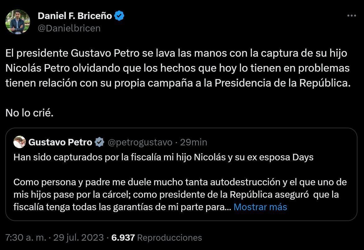 Trinos sobre captura Nicolás Petro