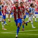 Atletico Madrid's Yannick Carrasco celebrates after scoring his side's second goal during a Spanish La Liga soccer match between Atletico Madrid and Espanyol at Wanda Metropolitano stadium in Madrid, Spain, Sunday, April 17, 2022. (AP Photo/Manu Fernandez)