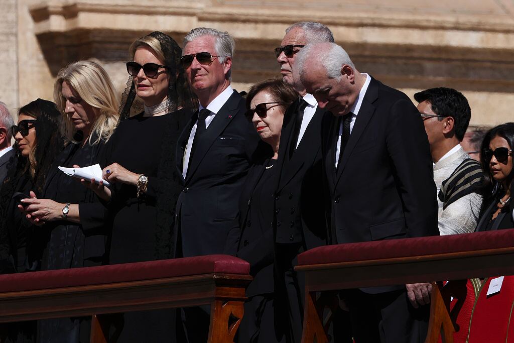 VATICAN CITY, VATICAN - APRIL 26: (L-R) Brazil's First Lady Rosangela Lula da Silva, Chairman of the Presidency of Bosnia and Herzegovina and Serb member Zeljka Cvijanovic, Queen Mathilde of Belgium, King Philippe of Belgium, Austria's First Lady Doris Schmidauer, Austria's President Alexander Van der Bellen and Armenia's President Vahagn Khachaturyan attend the funeral of Pope Francis in St. Peter’s Square on April 26, 2025 in Vatican City, Vatican. Pope Francis died on April 21st at the age of 88. Born in Argentina as Jorge Mario Bergoglio, he was the first Latin American and the first Jesuit to become Pope when elected in 2013. Taking the name Francis after St Francis of Assisi, he promoted a more humble version of the papacy than many of his predecessors. He will be buried outside of the Vatican in a simple wooden coffin at the Basilica Santa Maria Maggiore.  (Photo by Franco Origlia/Getty Images)