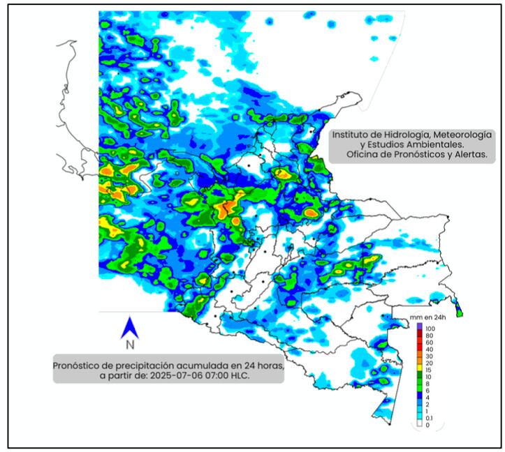 La escala de colores indica la cantidad de precipitación acumulada