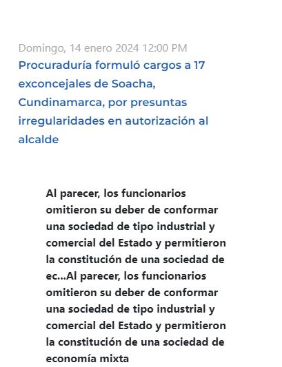 La Procuraduría confirmó cargos contra 17 concejales de Soacha.