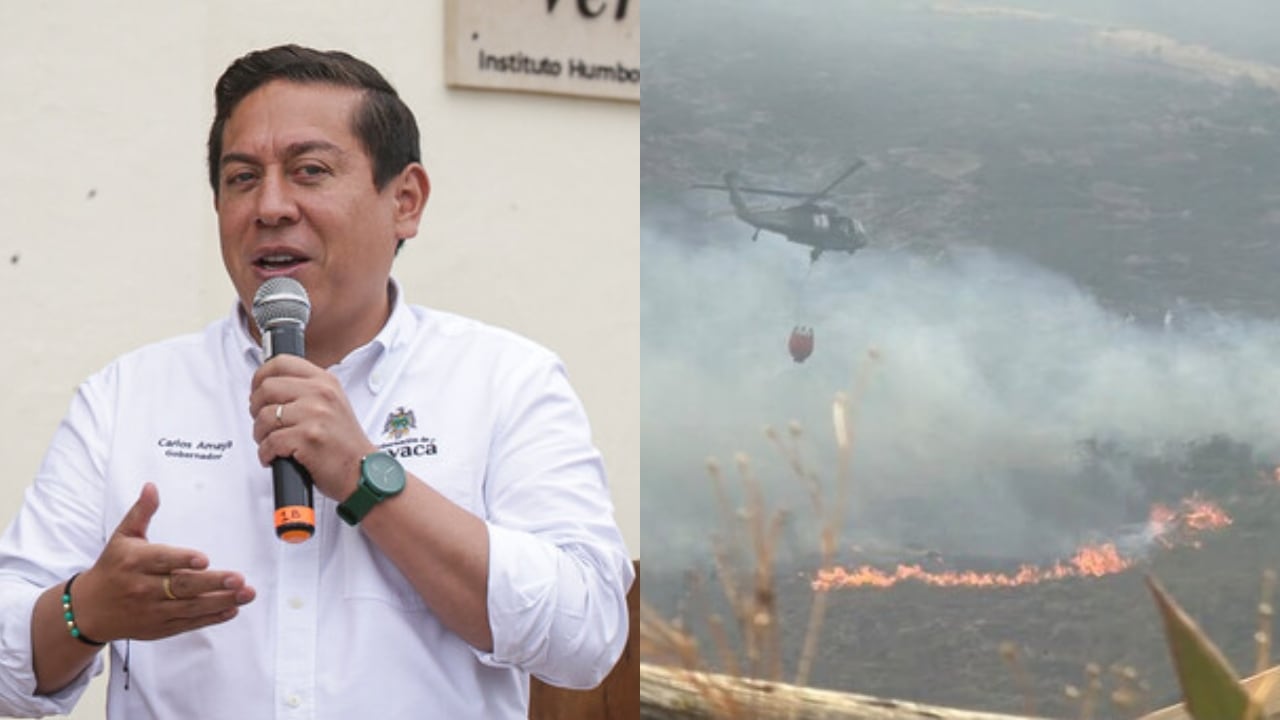 De izquierda a derecha: Gobernador de Boyacá, Carlos Amaya, y el incendio en zona rural de Villa de Leyva.