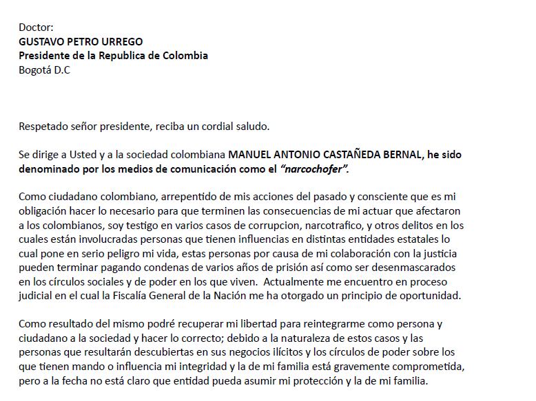 Carta de Manuel Castañeda, al presidente Gustavo Petro.