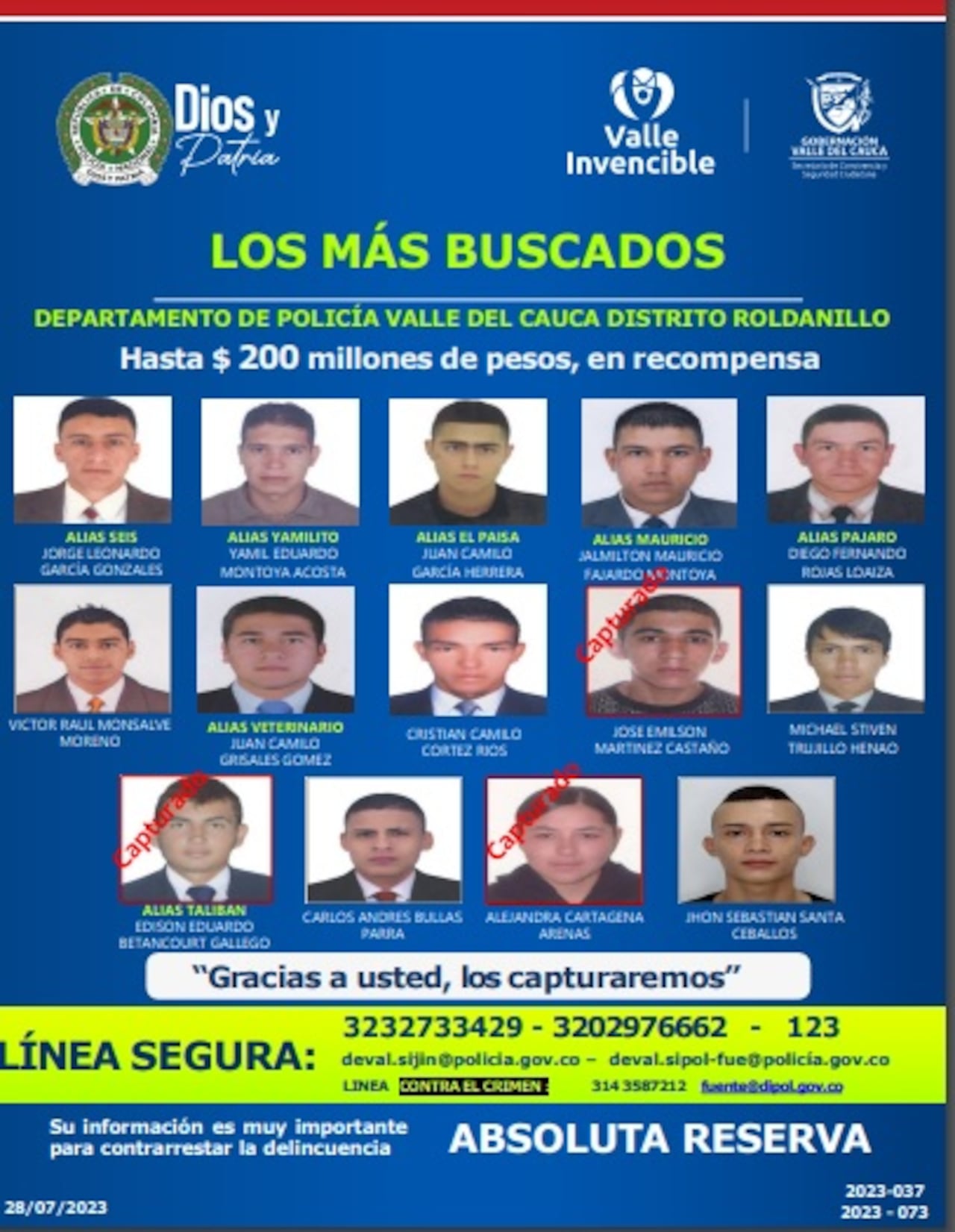 Cartel de los más buscados en Roldanillo, Valle.
