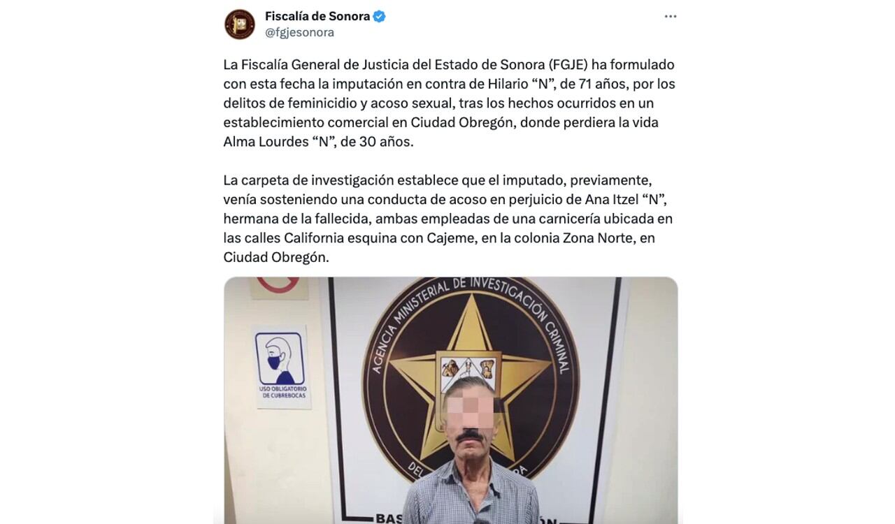 Así dio a conocer la Fiscalía de Sonora la captura e imputación de cargos contra el supuesto asesino