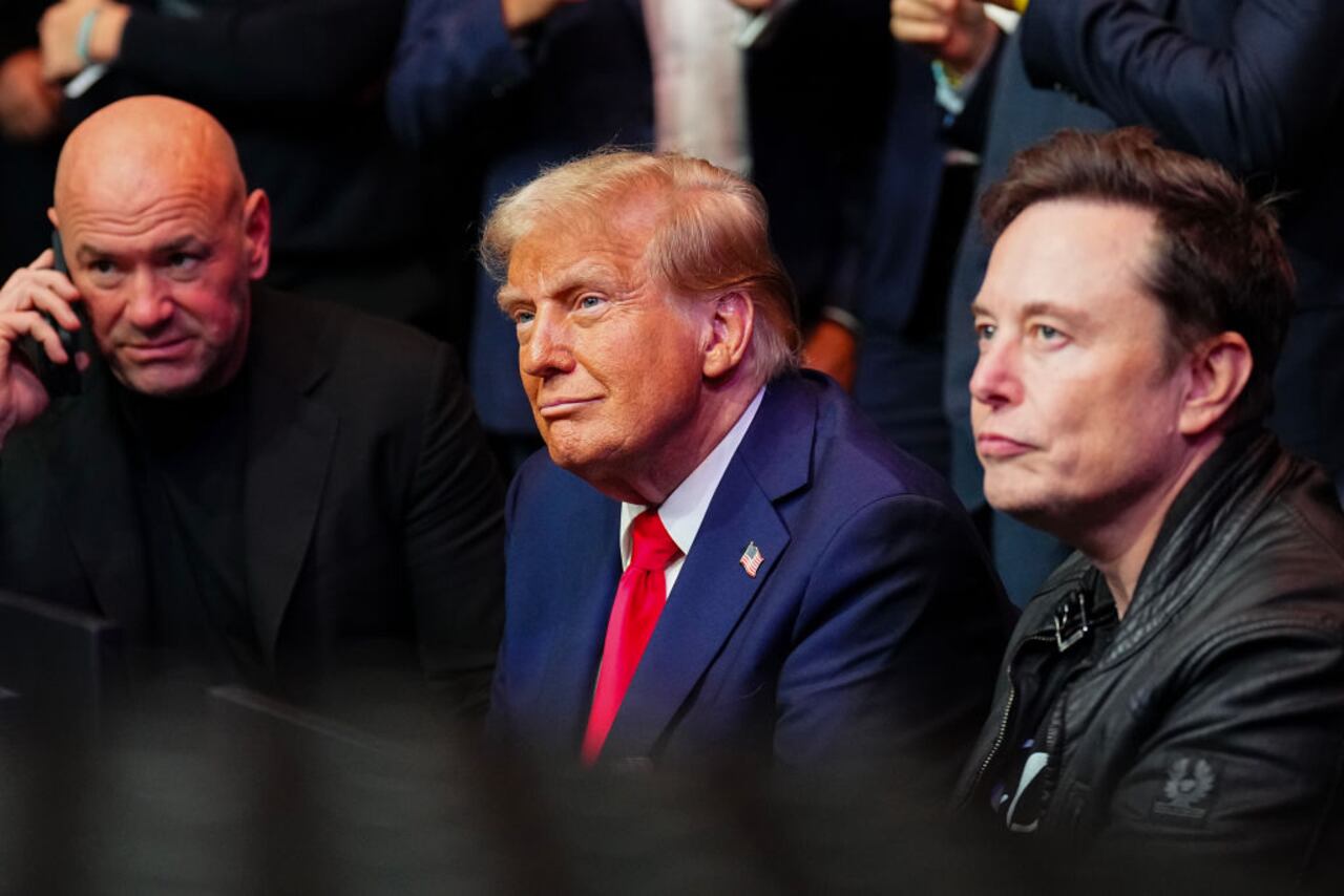 NEW YORK, NEW YORK - NOVEMBER 16: Dana White, President-elect Donald Trump and Elon Musk look on ring side during the UFC 309 event at Madison Square Garden on November 16, 2024 in New York City. (Photo by Chris Unger/Zuffa LLC)