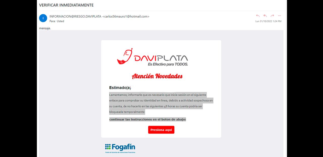 Correo falso en donde criminales intentan engañar a usuarios de Daviplata, para robar su cuenta y dinero.