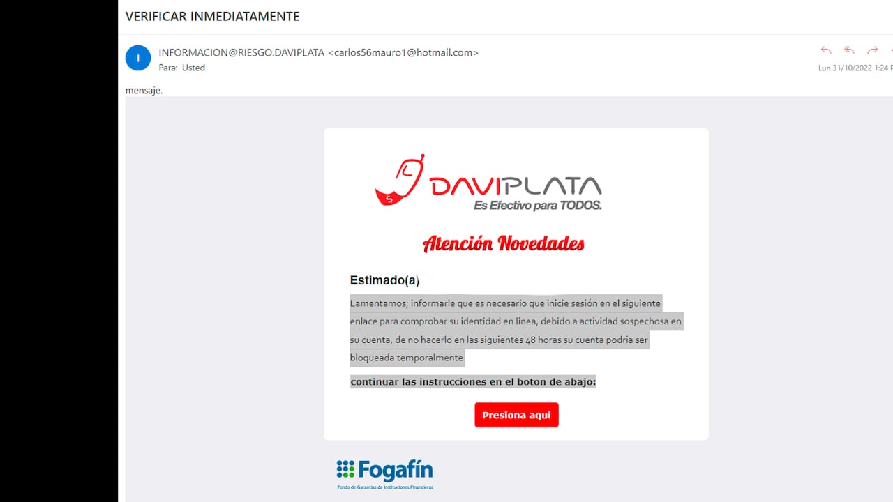 Daviplata es una de las billeteras virtuales más populares y seguras del país, pero los delincuentes siguen intentando cazar incautos a través de ella, con corrreos falsos como este.