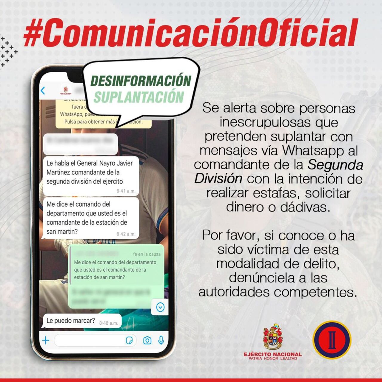 Así están estafando a nombre de la Segunda División del Ejército.