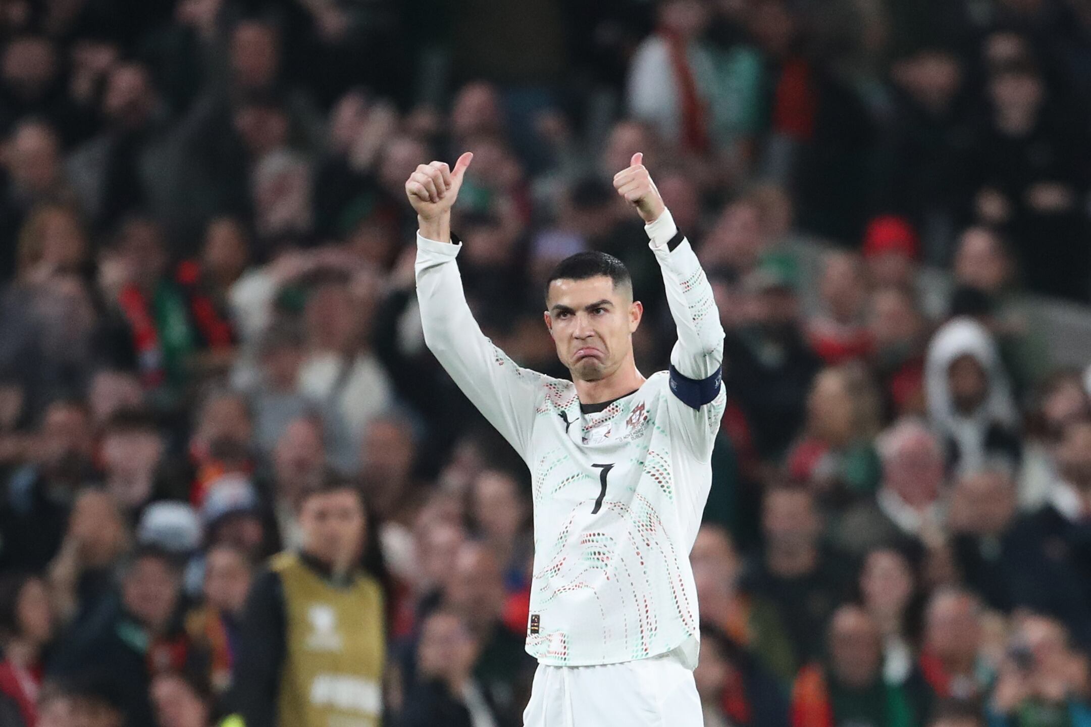 Portugal's Cristiano Ronaldo leaves the pitch after being shown a red card during a World Cup 2026 group F qualifying soccer match between Ireland and Portugal in Dublin, Thursday, Nov. 13, 2025. (AP Photo/Peter Morrison)