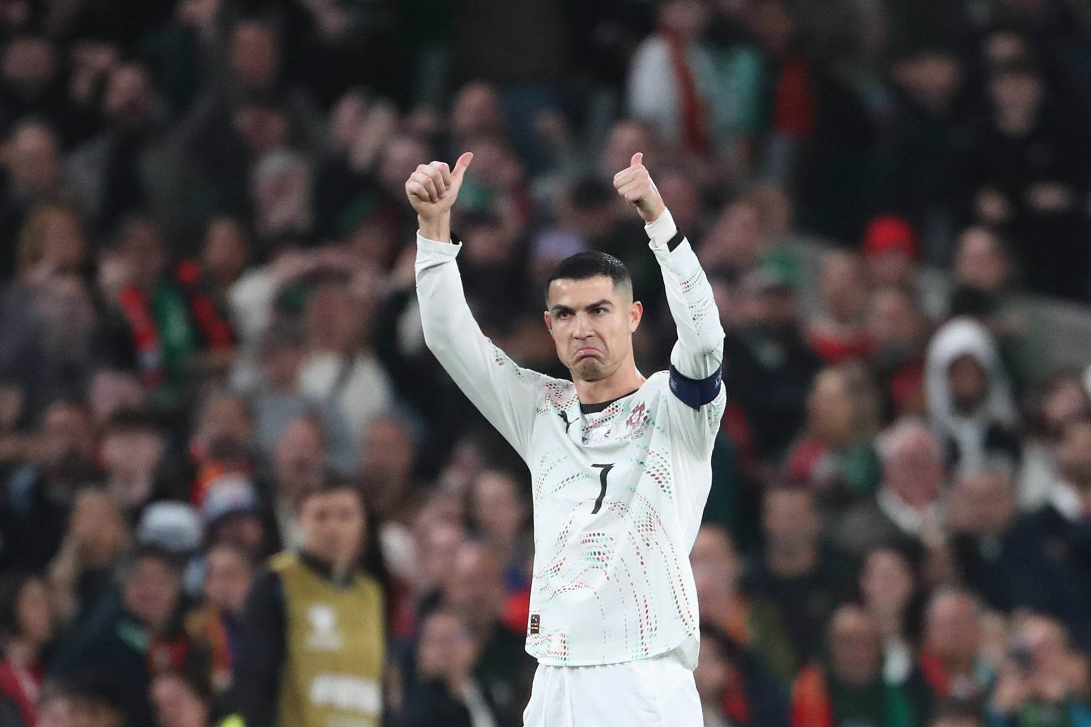 Portugal's Cristiano Ronaldo leaves the pitch after being shown a red card during a World Cup 2026 group F qualifying soccer match between Ireland and Portugal in Dublin, Thursday, Nov. 13, 2025. (AP Photo/Peter Morrison)