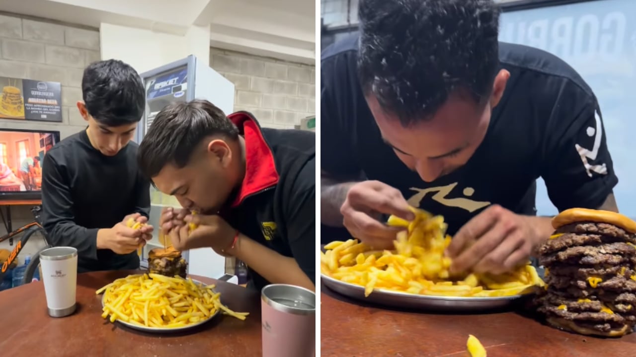 Los concursantes tienen diez minutos solos o cinco en dúo para acabar una hamburguesa gigante.