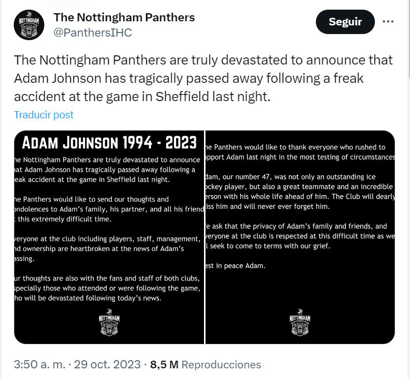 Comunicado oficial de los Nottingham Panthers tras el grave suceso