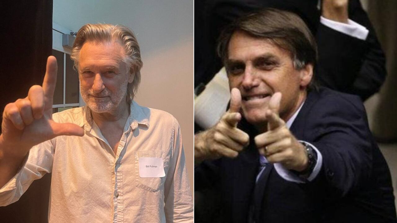 A la izquierda la imagen de un fanático de Lula usando el gesto de la L para mostrar su apoyo al izquierdista. A la derecha Bolsonaro haciendo su famoso gesto emulando un arma con la mano.