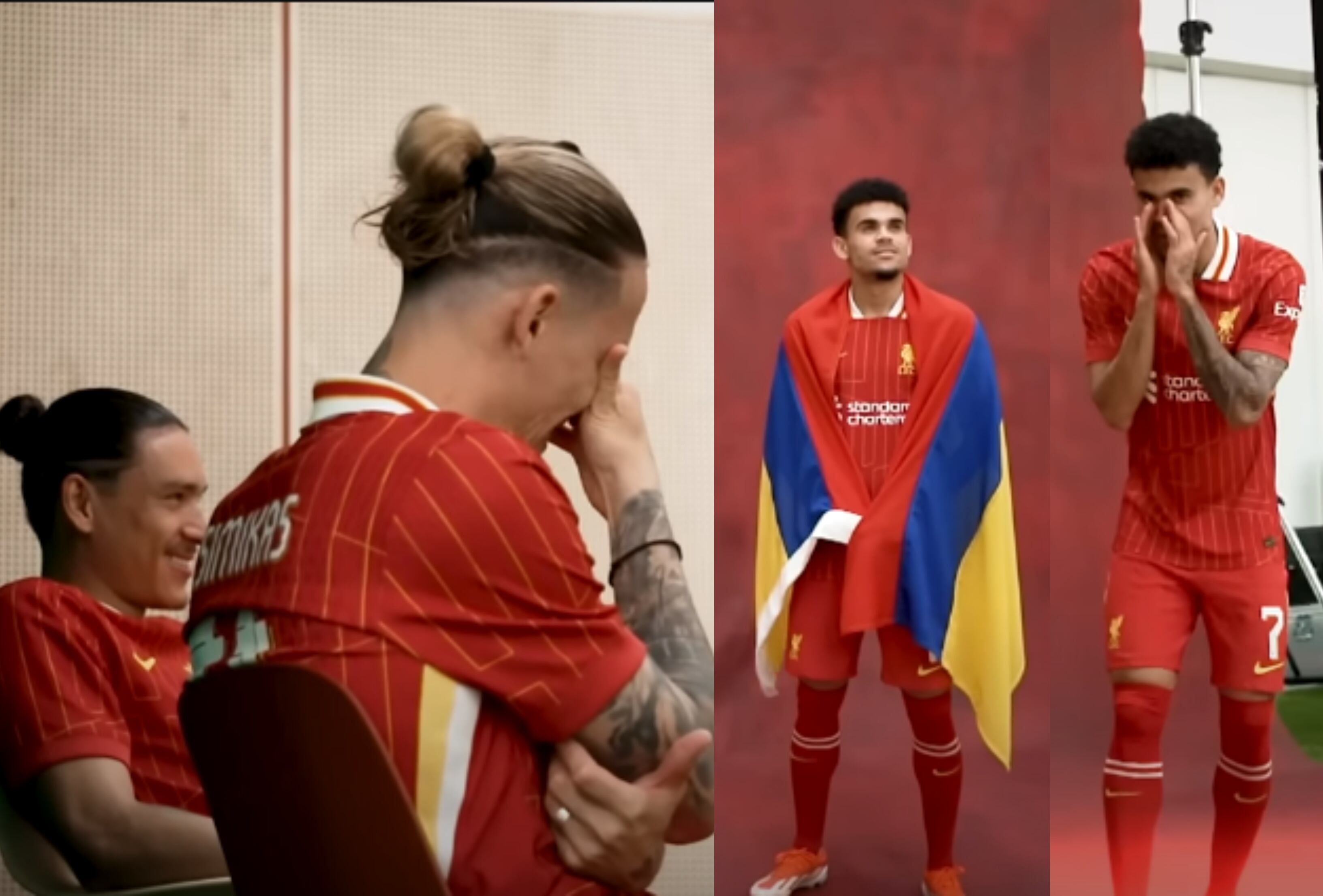 Tsimikas y Núñez notaron el error de Lucho Díaz al posar con la bandera de Colombia.