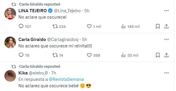 Carla Giraldo le responde a Cristina Hurtado en la red 'X'.
