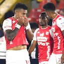 Wilson Morelo celebra uno de sus goles en el 'Campín' ante Bucaramanga